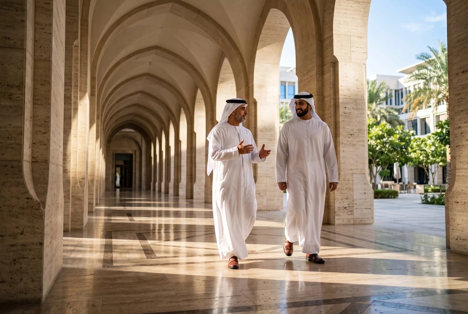 شخصان يتحدّثان تحت رواق مضاء بالشمس، من مجموعة الصور المرجعية للعلامة.