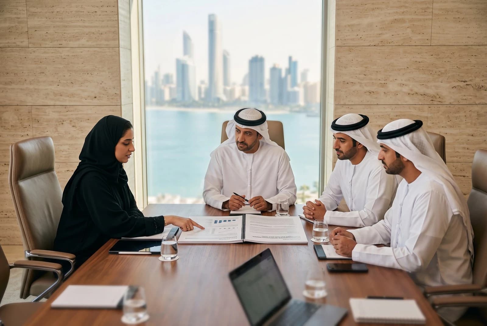 مشاركون يراجعون المستندات حول طاولة، من مجموعة الصور المرجعية للعلامة.
